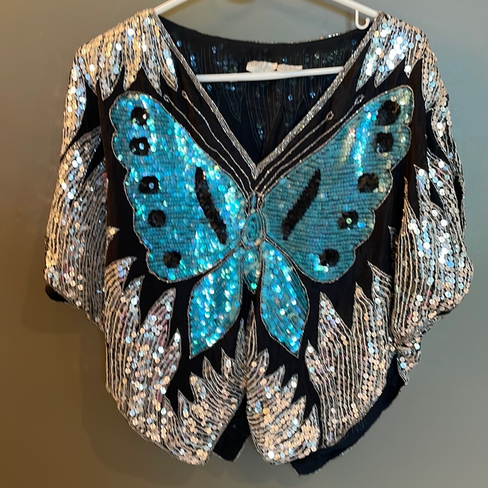 Vintage silk butterfly sequin top